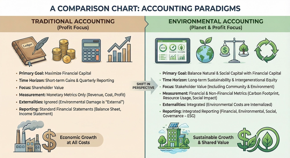 Chart comparing traditional accounting and environmental accounting