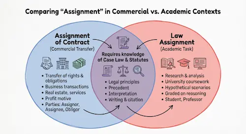 Venn diagram comparing commercial contract assignments (business, real estate) and academic law assignments (research, coursework), with overlap on legal principles and citation.