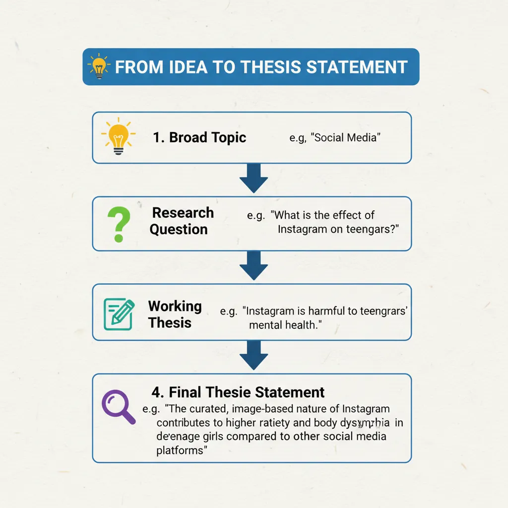 A flowchart showing the 4 steps to writing a thesis statement: start with a broad topic, create a         research question, draft a working thesis, and refine it into the final thesis statement.