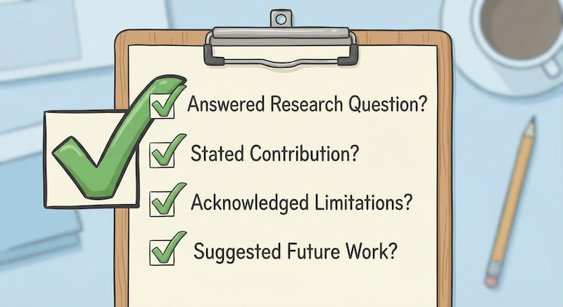 A checklist with green checkmarks next to 'Answered Research Question?', 'Stated Contribution?', 'Acknowledged Limitations?', and Suggested Future Work?