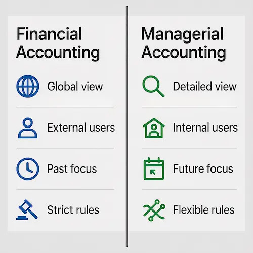 Financial vs. Managerial Accounting comparison: users, focus, rules, and view.