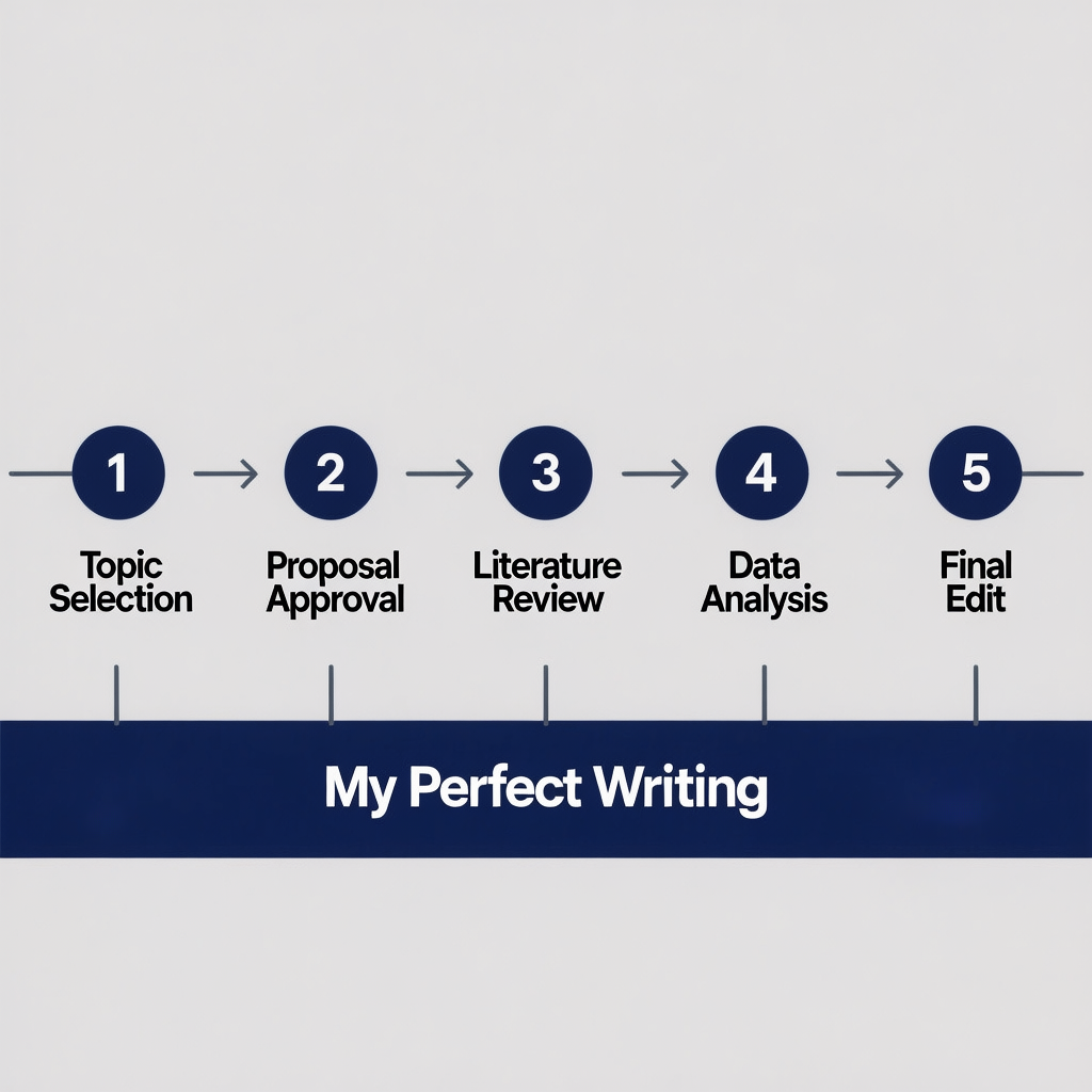 A five-step academic writing process by My Perfect Writing: 1) Topic Selection, 2) Proposal Approval, 3) Literature Review, 4) Data Analysis, and 5) Final Edit.