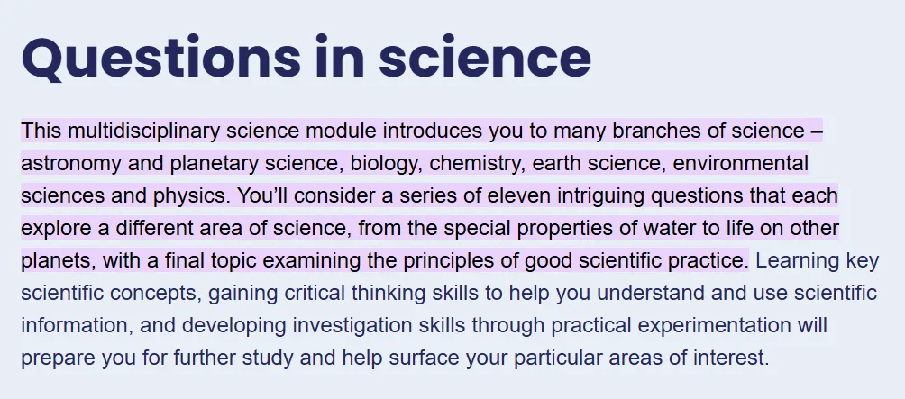 Course description of S111 at The Open University science assignments