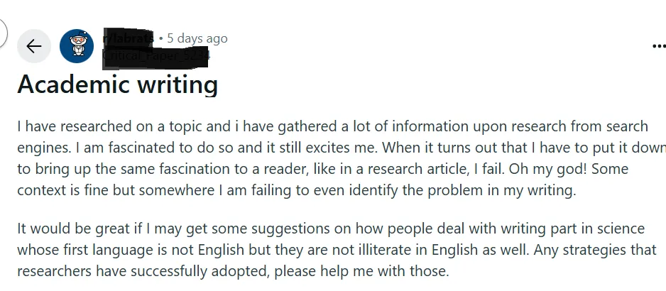 A student talking about the difficulties faced in writing research articles.