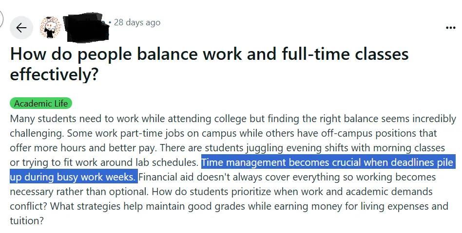 Student imploring on how to balance work life with coursework