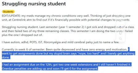 Student sharing the complexity of assignments
