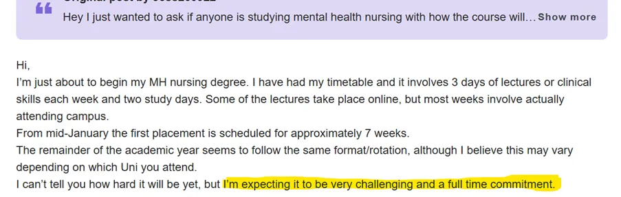 Student sharing that the degree is challenging and requires full-time commitment.