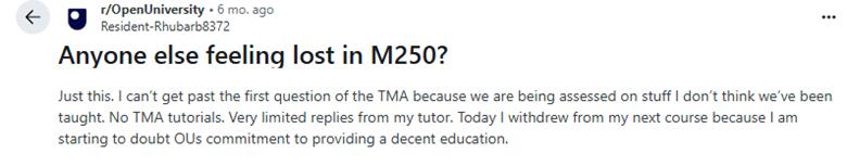 Student discussing issues with TMAs in M250 course on Reddit