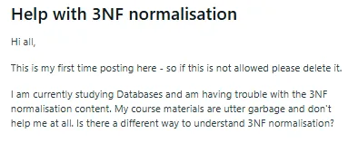 Student on Reddit Sharing 3NF Query