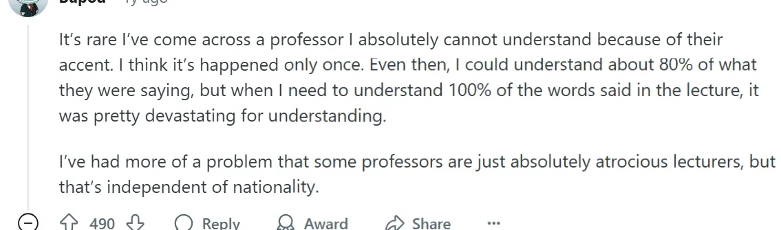 Student sharing that they were unable to understand the lecture because of the professor's accent.