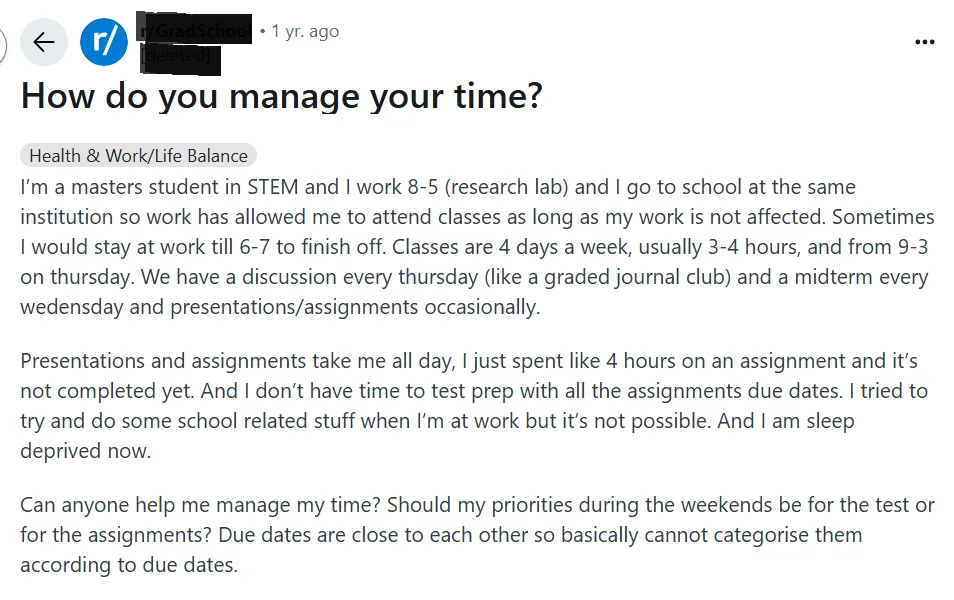 Student struggling with tight deadlines and multiple tasks in a short timeline.