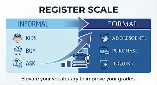 Register scale showing informal to formal language progression for academic writing.