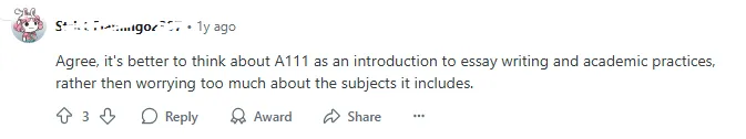 Users discussing difficult essay writing in A111 on Reddit