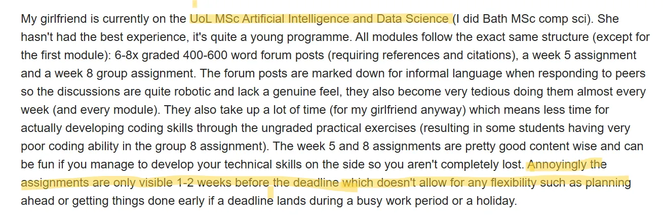 Student sharing that in MSc. Data Science and AI at the University of Liverpool deadlines for assignments are annoying.