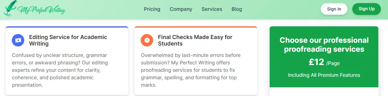 My Perfect Writing service page showing price per page.