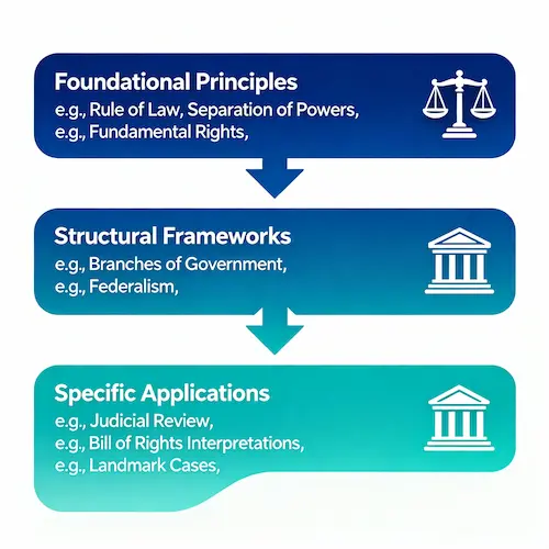 Infographic showing constitutional law hierarchy: foundational principles, structural frameworks, and specific applications.