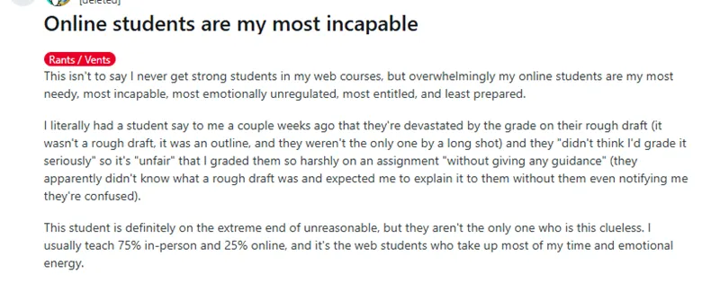 A professor's review regarding students facing challenges in online classes