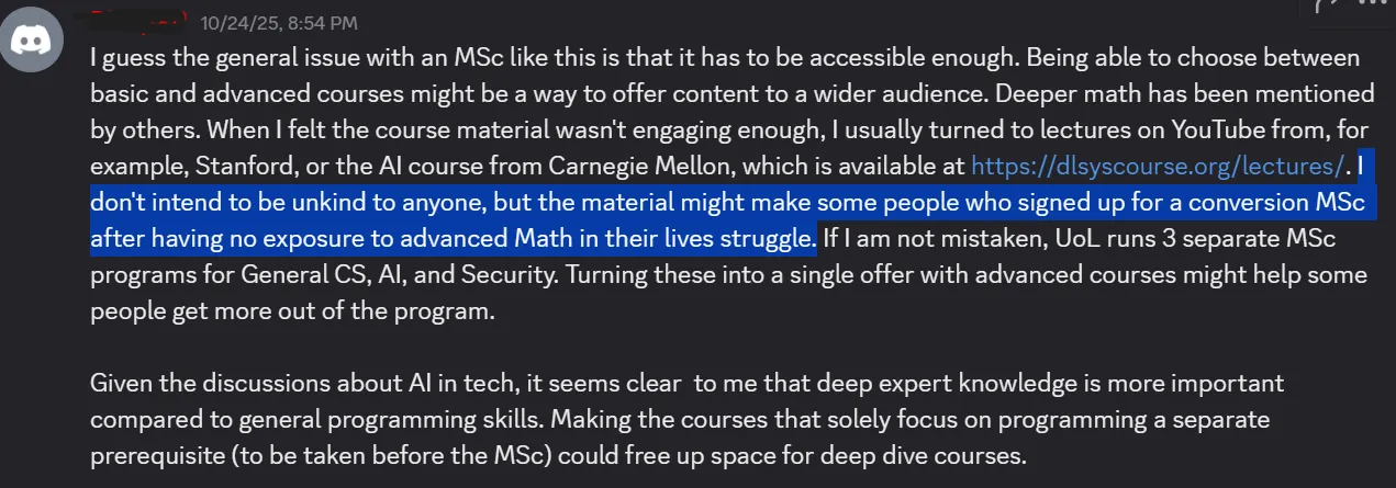 Student explaining the toughness criteria of maths in MSc Computer Science