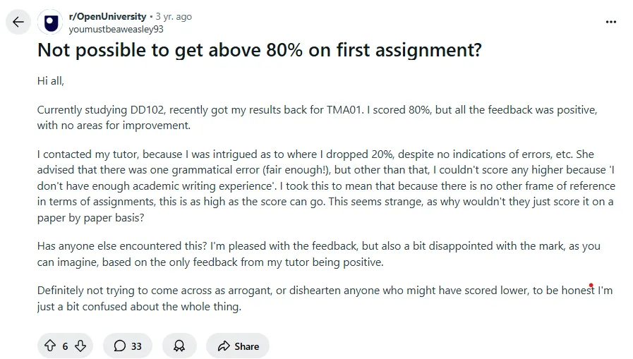 Students concerns about struggling with essay writing and academic standards in DD102