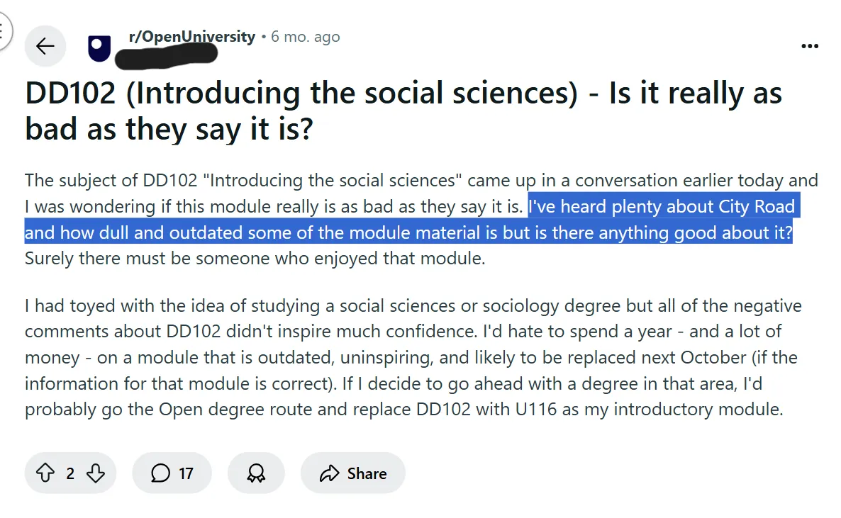 Student frustrated with the outdated course material of DD102 at The Open University (UK)