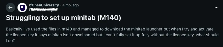 Student struggling with Minitab setup for M140 Introducing Statistics assessment