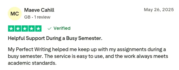 Trustpilot review praising My Perfect Writing’s math assignment help and academic
            standards