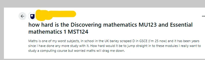 Student’s comment about Mathematics 1 MST124 on Reddit