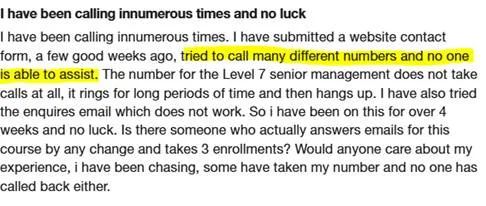 Student encountering issues in BA Business Management course on Trustpilot