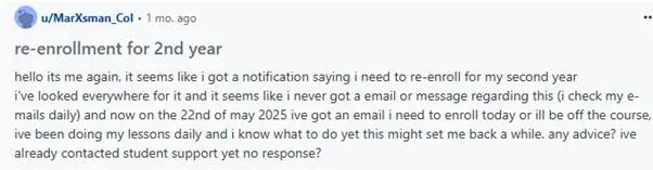 Student encountering issues in BA Business Management course on Reddit
