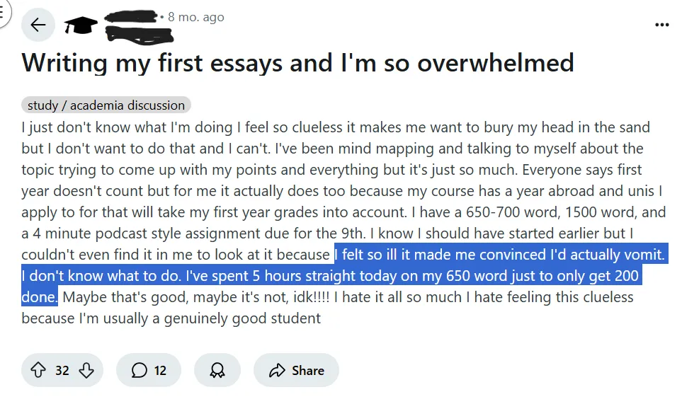 Student feeling overwhelmed while writing essays