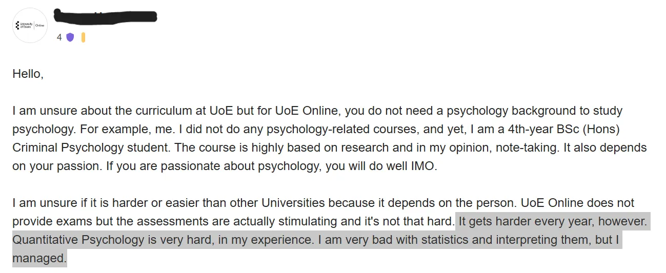 The Student wrote that quantitative Psychology is very hard