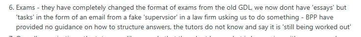 A student frustrated by BPP's unclear, task-based exam format and lack of tutor guidance.